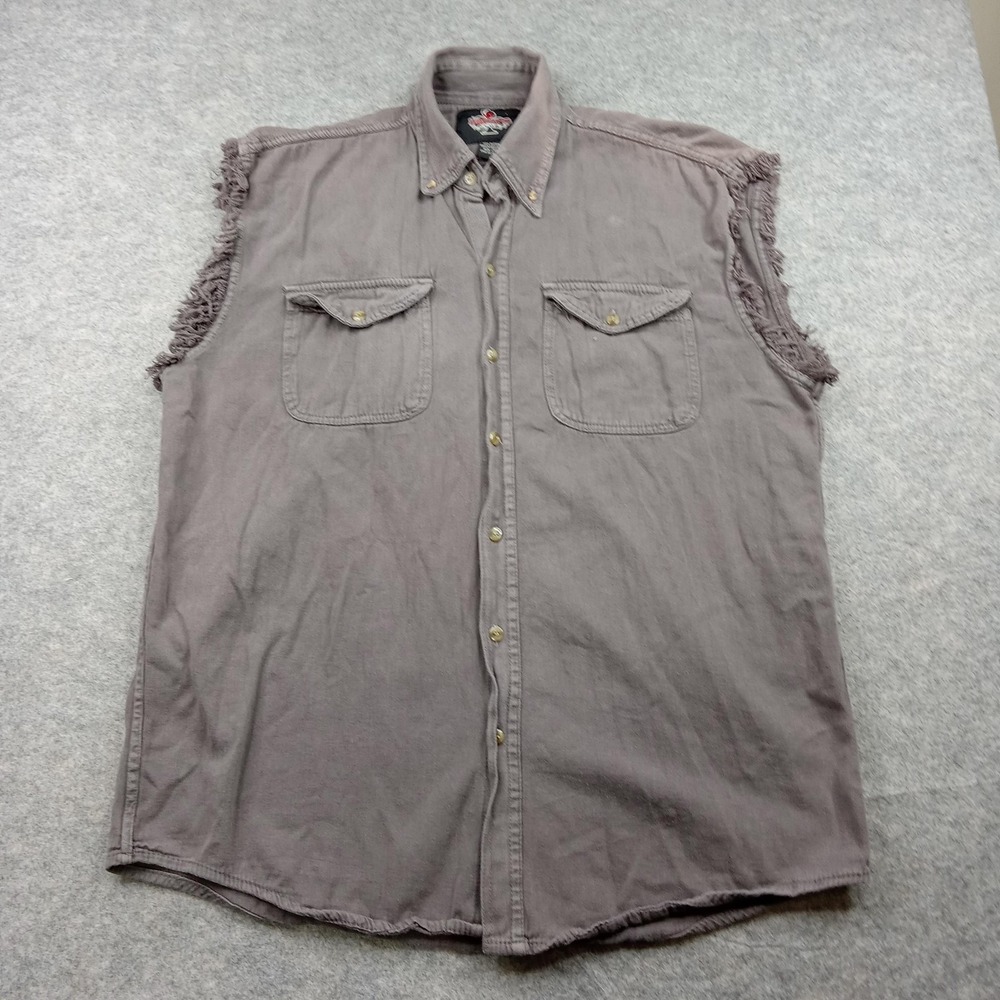 Biker's Club Shirt Mens 2XL Gray Sleeveless Cutoff Button Front Skull Wings